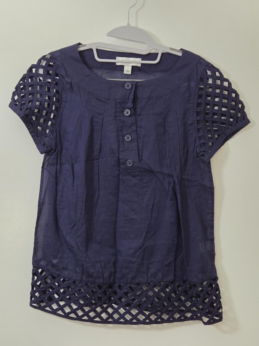 Women’s Navy Short-Sleeve Button Front Top with Lattice Trim